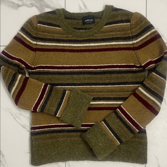 Zara Striped Olive Green Mohair Wool Blend Sweater Crew Neck Long Sleeve Sz L - Picture 11 of 11